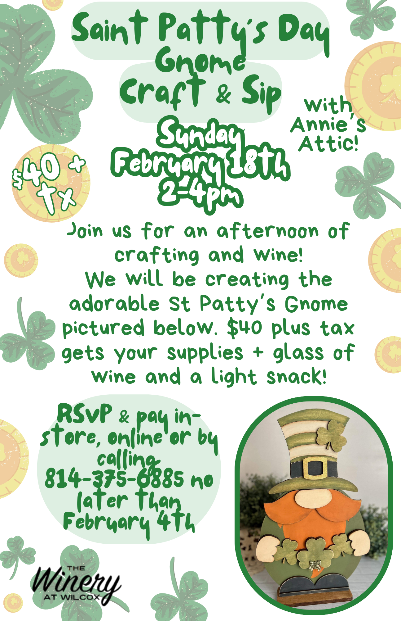 St Patty’s Day Gnome Craft & Sip – DuBois