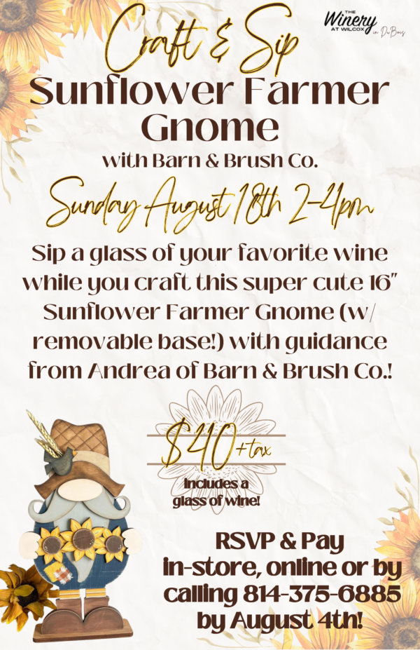 *Registration Closed* Sunflower Farmer Gnome Craft & Sip - DuBois